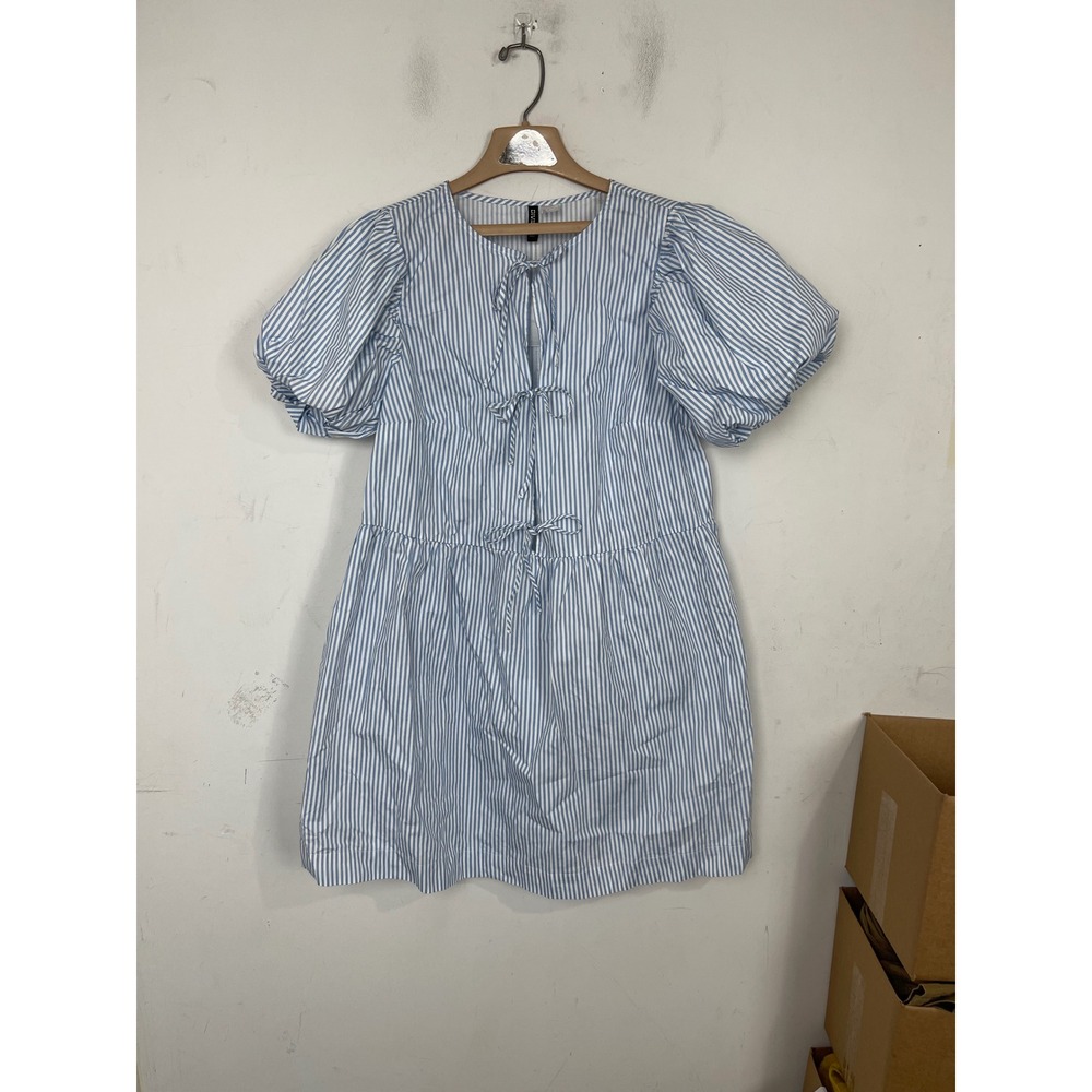 H&M Divided Blue White Striped Tie Front Puff Sleeve Mini Dress Large